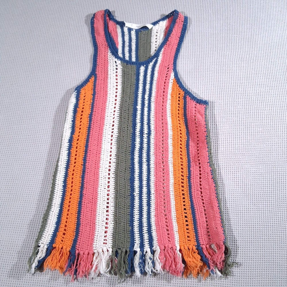 Mango Kids MNG Striped Crochet Knit Tank Top Fringe Boho Multi Color Size 13/14